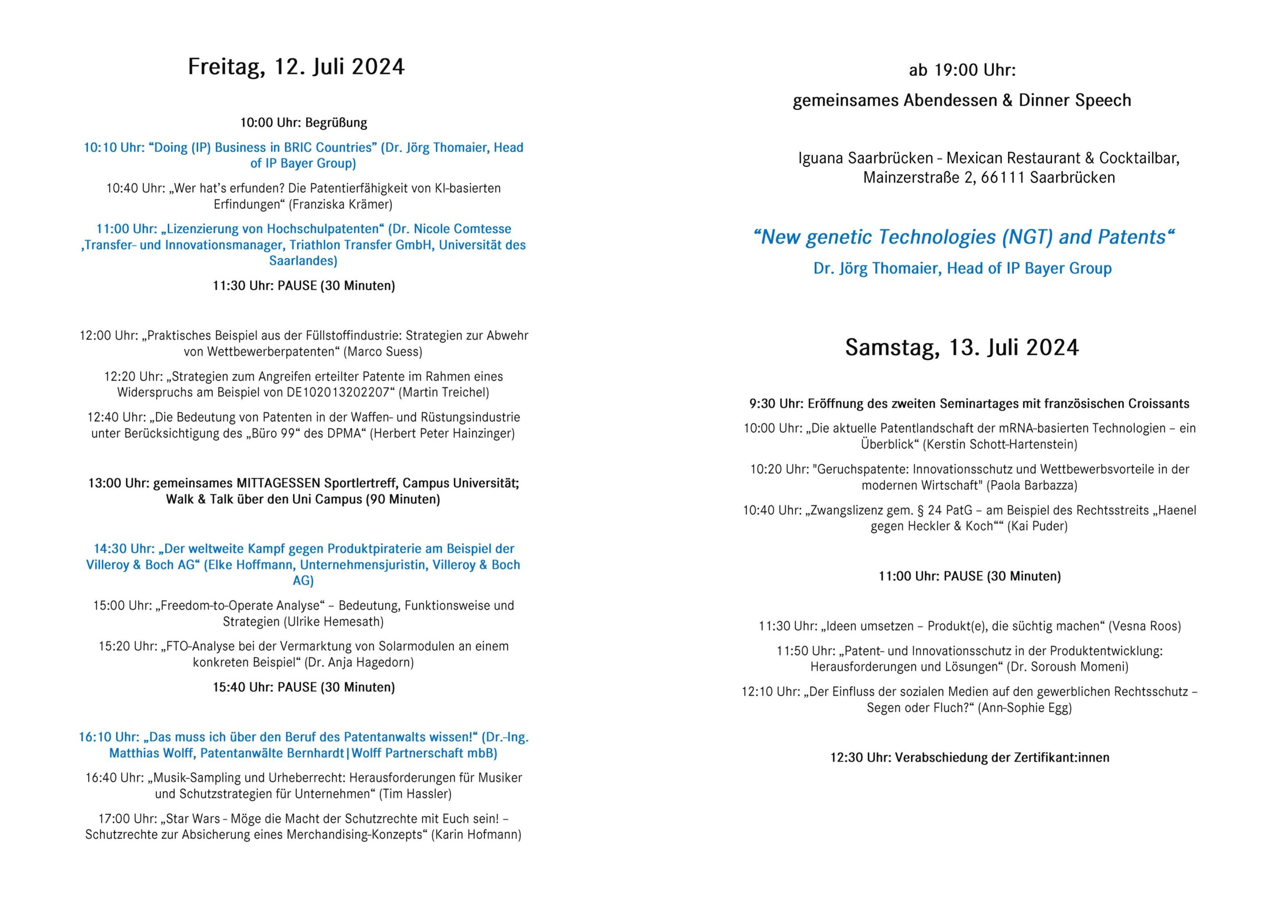 Screenshot des Programms der 10. Saarbrücker Patent- und Innovationstage